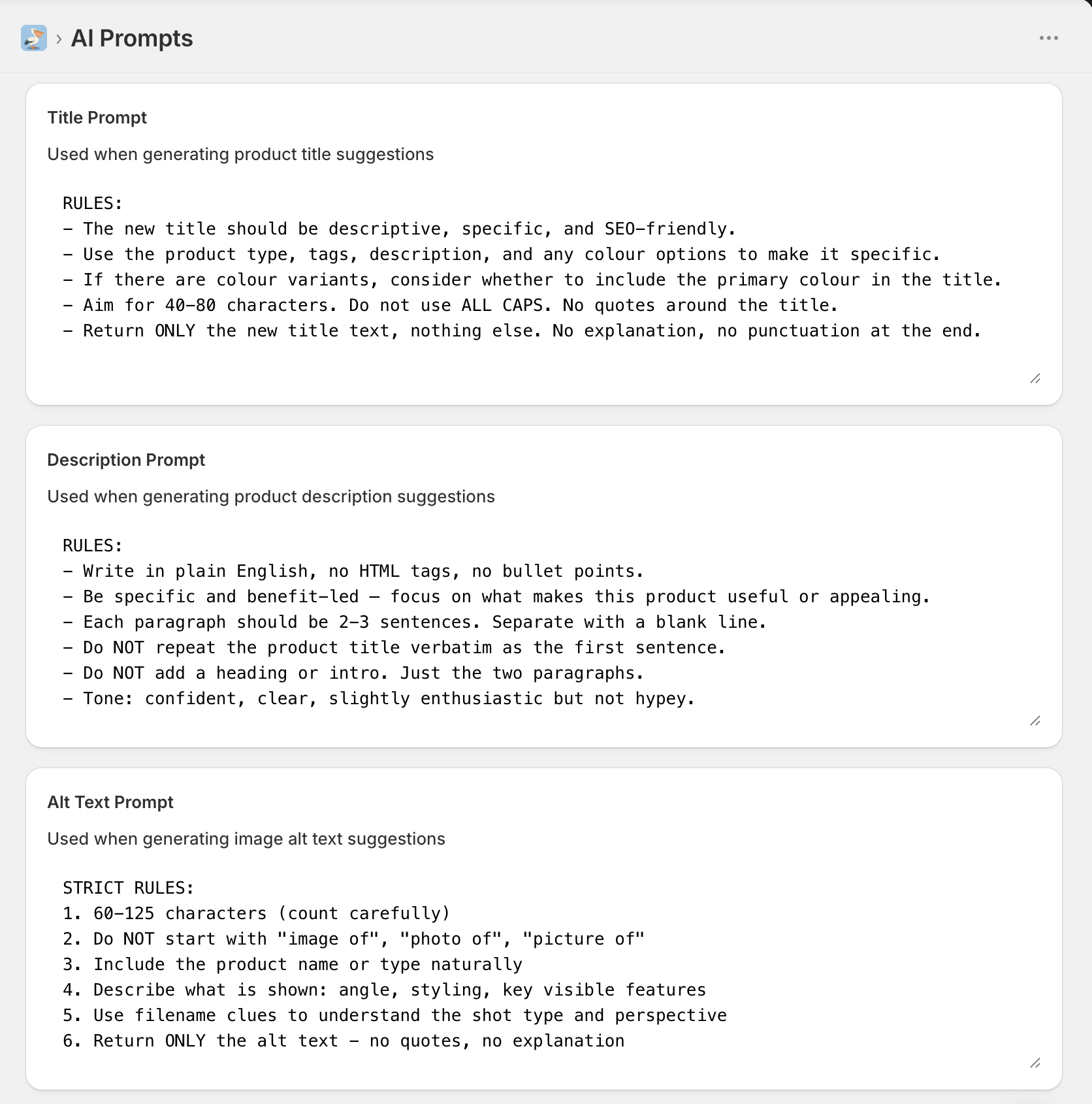 AI Prompts page with editable instructions